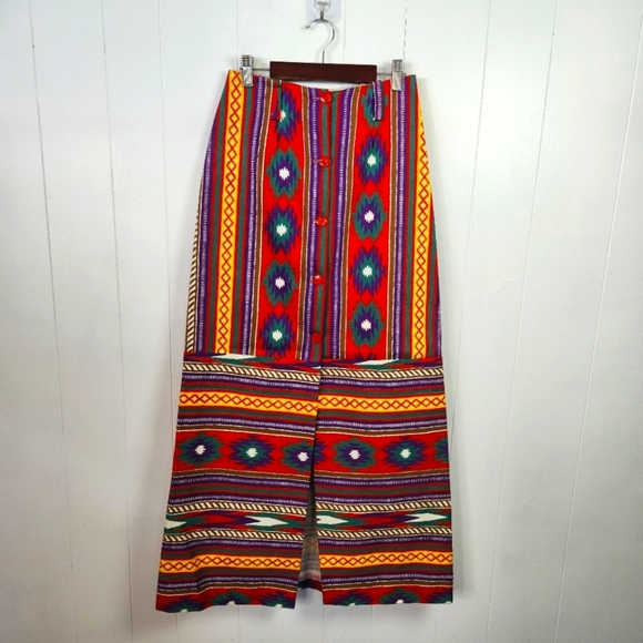 Vintage 1960s 1970s Southwestern Print Maxi Skirt High Rise Waisted Red Size XS - Picture 8 of 13